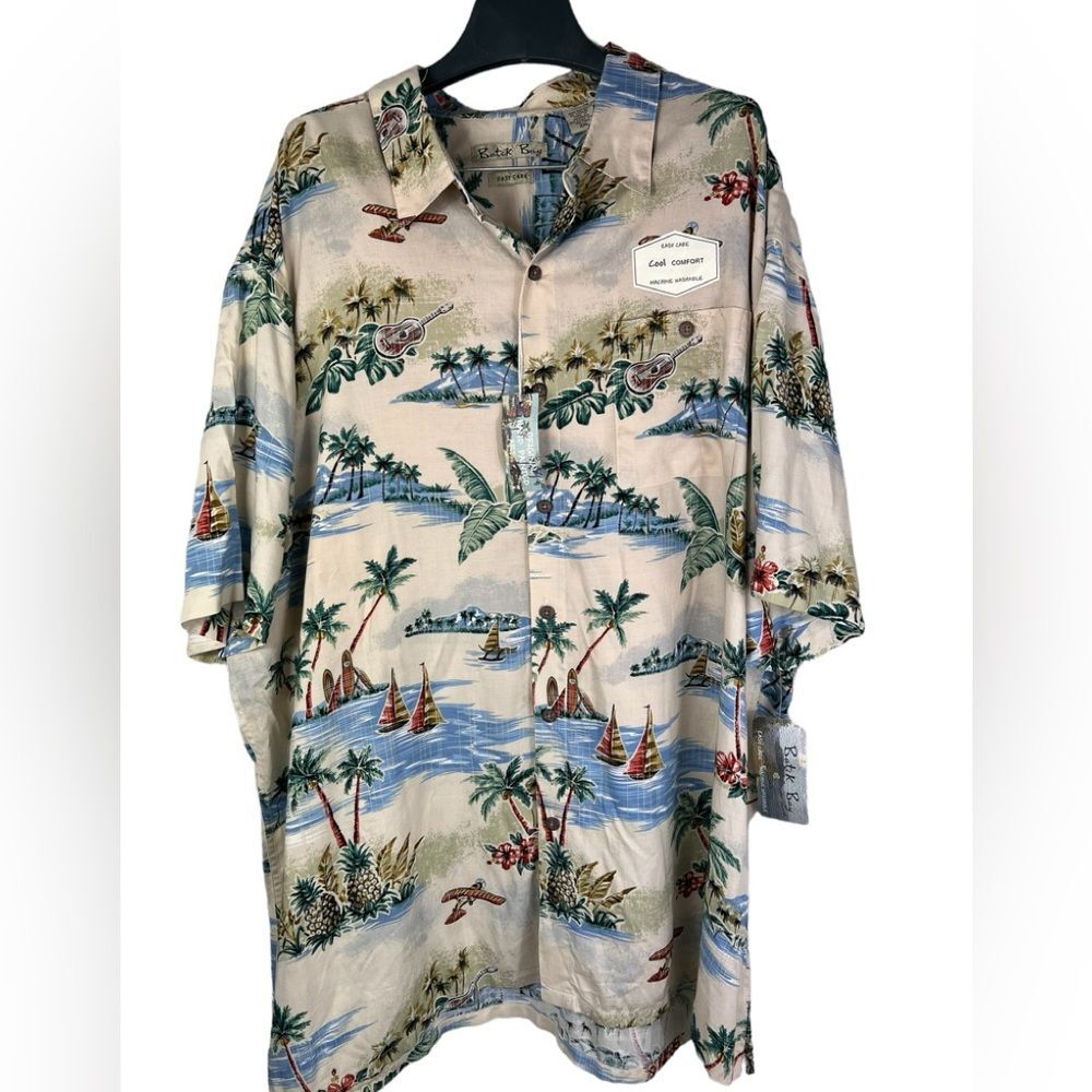 New Batik Bay Hawaiian Tropical Button Front Shirt XXL Palm Tree Surfboard Boats